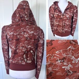 Vintage Rare Horse Print Zip up Hoodie Horse Shoe Patch Puffed Shoulders Small